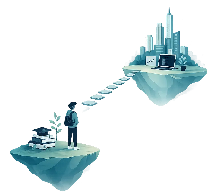 Illustration: a student standing at the edge of a cliff, looking across a gap toward the industry side with stepping stones between