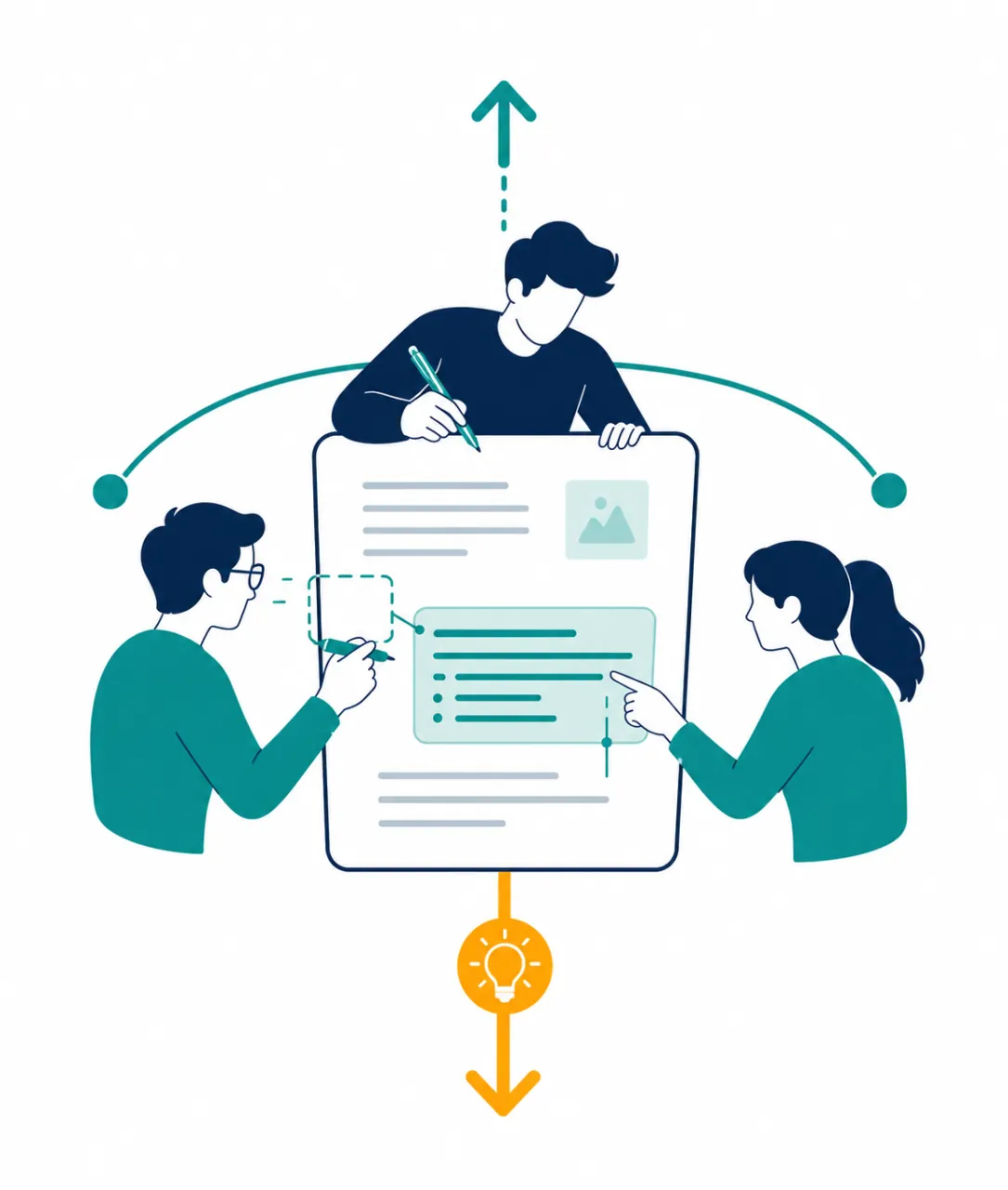 Illustration: three engineers connected, sharing knowledge forward